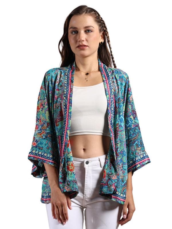 KE KANHA EXPORTS Women Shrug|Shrugs for Women Stylish|Cardigan |Boho Beach Cover Up|Border Print|Easily fits S-M-L|Bust 30-42 Inches|Length 28 Inches|FREE Scrunchie Included