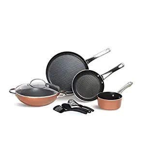 Meyer Aluminium Cookware Set, Kadai, Frypan, Saucepan, Flat Dosa Tawa, Lid With Accessories, 8 Piece (Copper) - Multicolor