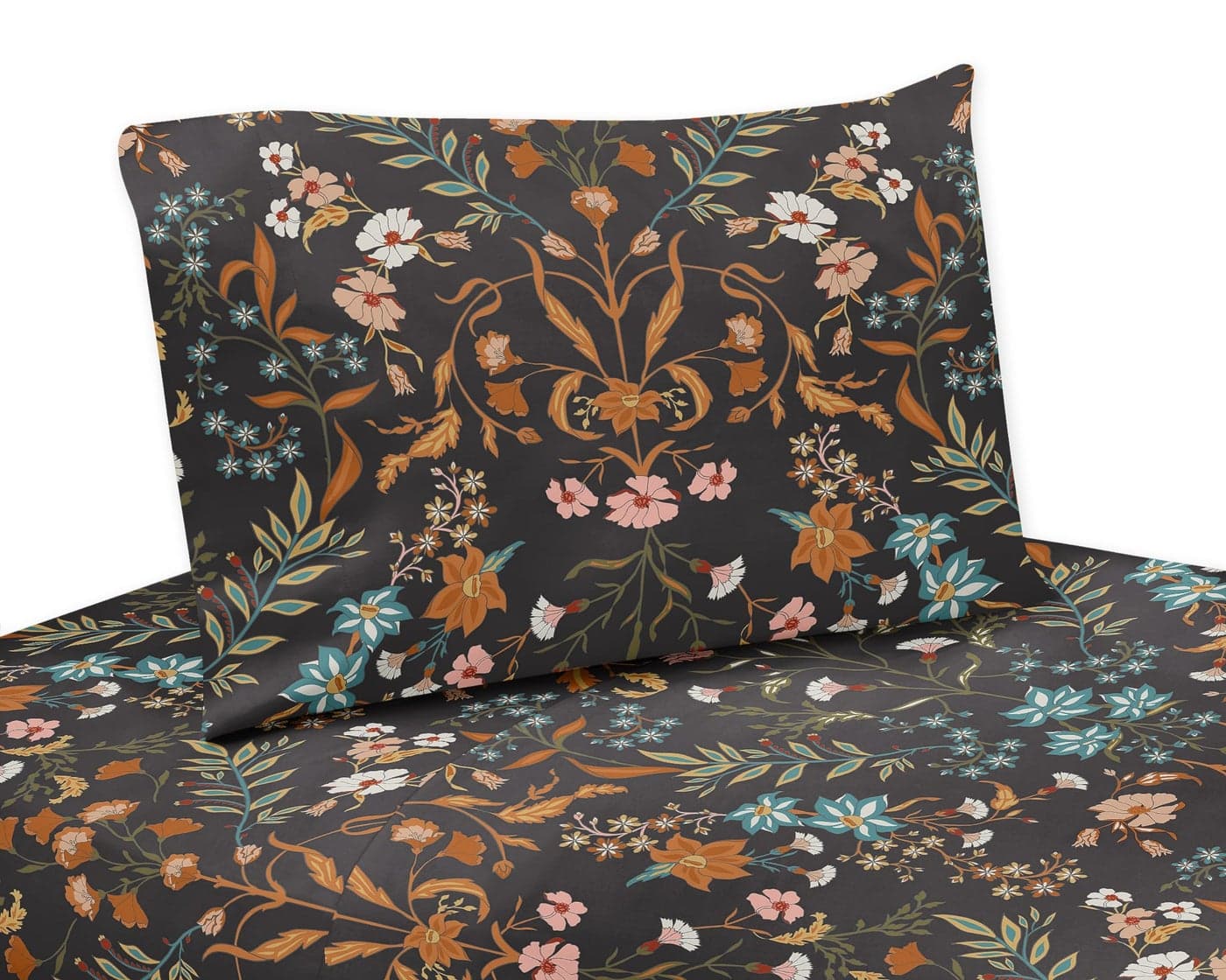 Sweet Jojo Designs 4-Piece King Sheet Set (Boho Wildflower Vintage Floral) for Girls, Teen/Kids, Adult Bed Sheets incl. Fitted and Flat Sheets & Pillow Cases (Black, Orange, Botanical Garden Bohemian)