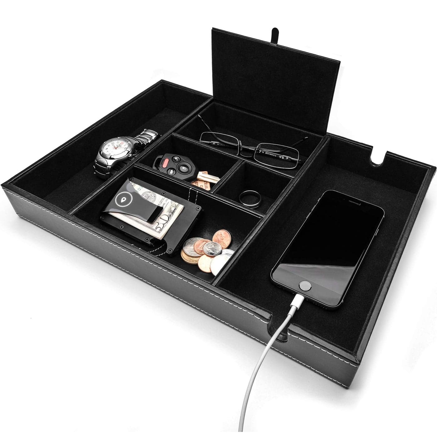 ULTRAY Valet Tray for Men Nightstand Organizer Entry Table Organizer Catch All Black Faux Leather Box 6 Compartments