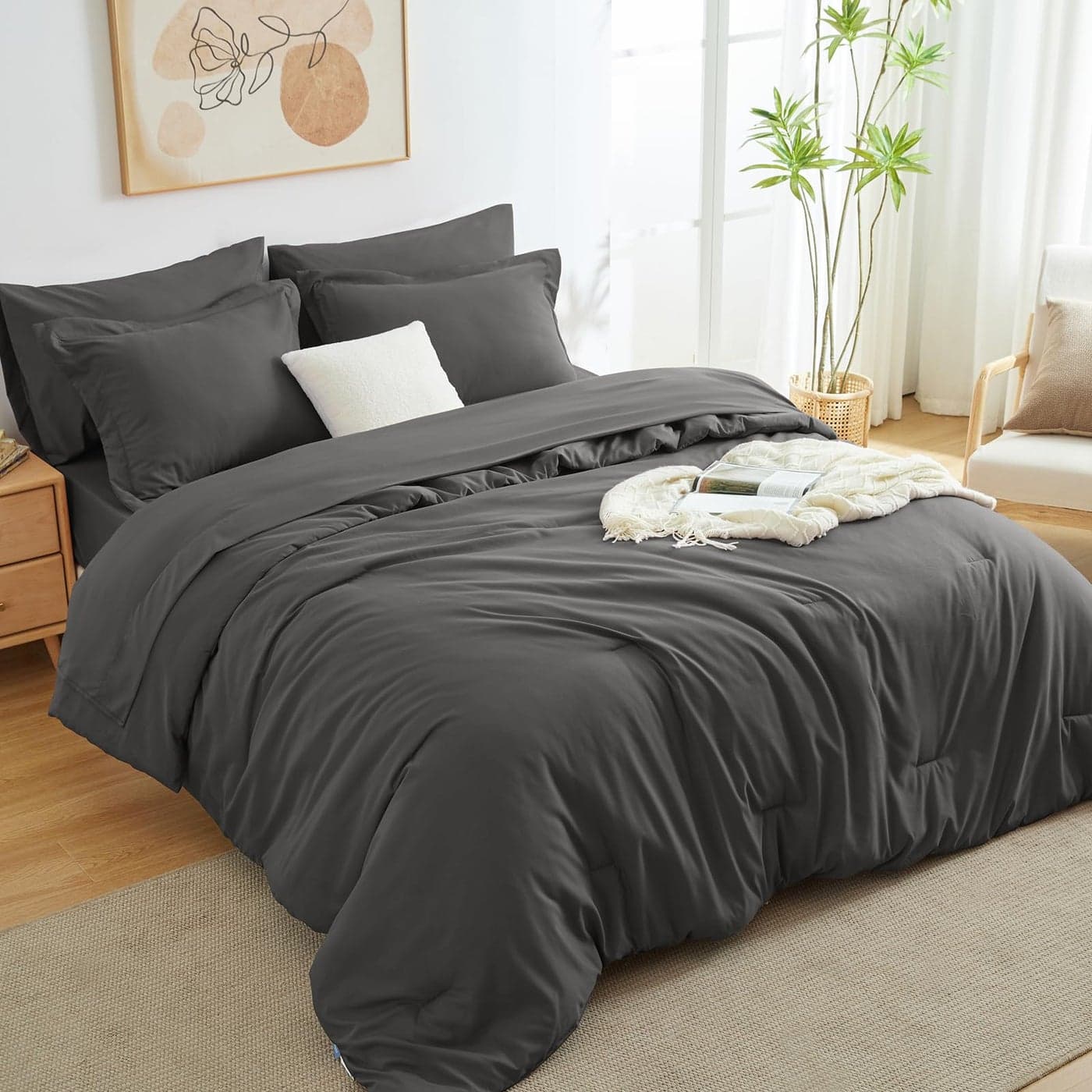 HIMEET Dark Grey Queen Comforter Set 7 Pieces Bed in a Bag Queen Lightweight Bedding Set All Season Soft 7PC Bed Set with Comforter Flat Sheet Fitted Sheet Pillowcases Pillow Shams