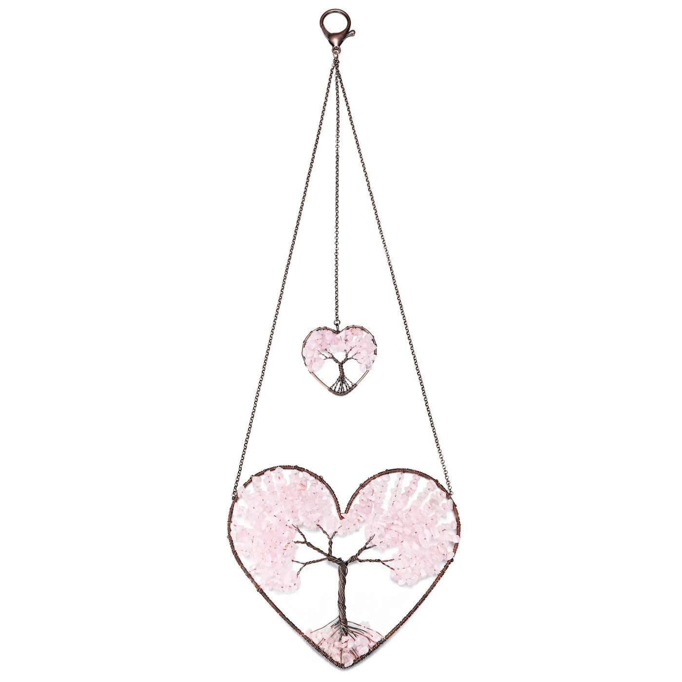 Jovivi Rose Quartz Heart Tree of Life Dream Catcher Hanging Ornament Bohemian Pink Double Hearts Tree of Life Crystal Window Car Wall Art Hanging Decorations for Home Bedroom Decor