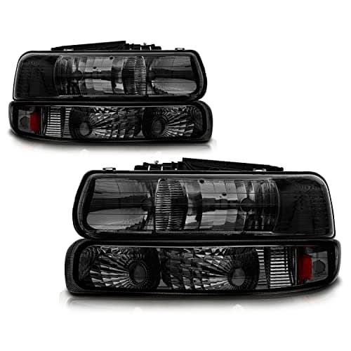 Cxdar Headlight Assembly Compatible with 1999-2002 Chevy Silverado 1500 2500/2000-2006 Suburban 1500 2500 Tahoe, Headlamps with Bumper Lights, Fit OE Grill (Smoke Lens Amber Reflector)