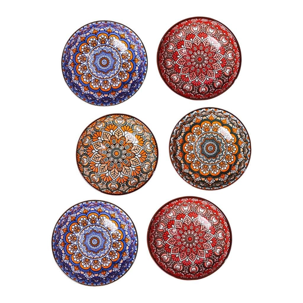 FS COOL Ceramic Bowls Stylish Small Retro Bowl Gift Different Colors Kitchen Tableware Serving Bowls with Design for Cereal Soup Desserts Snacks Fruits Salads Set of 6
