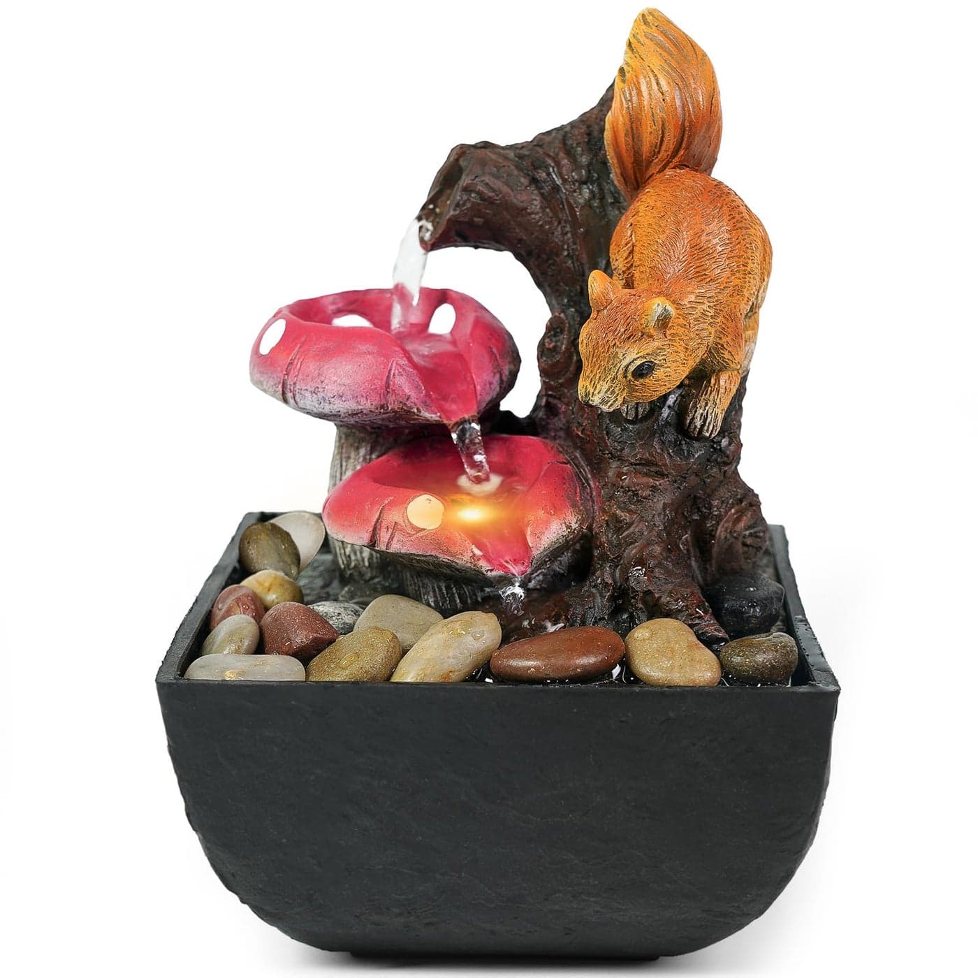 Ferrisland Tabletop Water Fountain Indoor 3 Tiered Waterfall Fountain Indoor Desktop Water Feature with Light Squirrels Animal Sculpture Relaxation Fountains for Office Home Decor Gift Idea