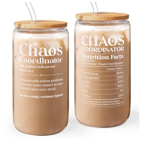 SANDJEST Chaos Coordinator 16oz Can Glass Tumbler with Bamboo Lid & Straw, Iced Coffee Cup for Female Coworker Friends Colleagues, Aesthetic Cups Gifts for Birthday Christmas Farewell Retirement