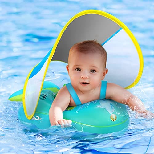 No Flip Over Baby Pool Float with Canopy UPF50 Sun Protection Sponge Safety Support Bottom Fun Gifts Water Toys Accessories Inflatable Baby Swim Floats for Pool 336 Months