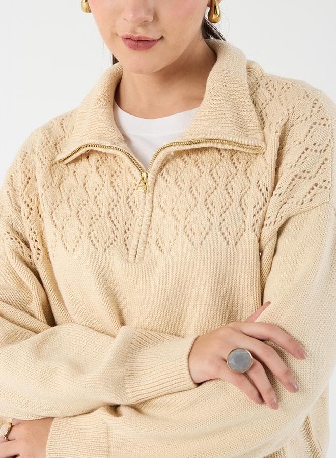 Beige Collared Half Pulle Sweater — XXL
