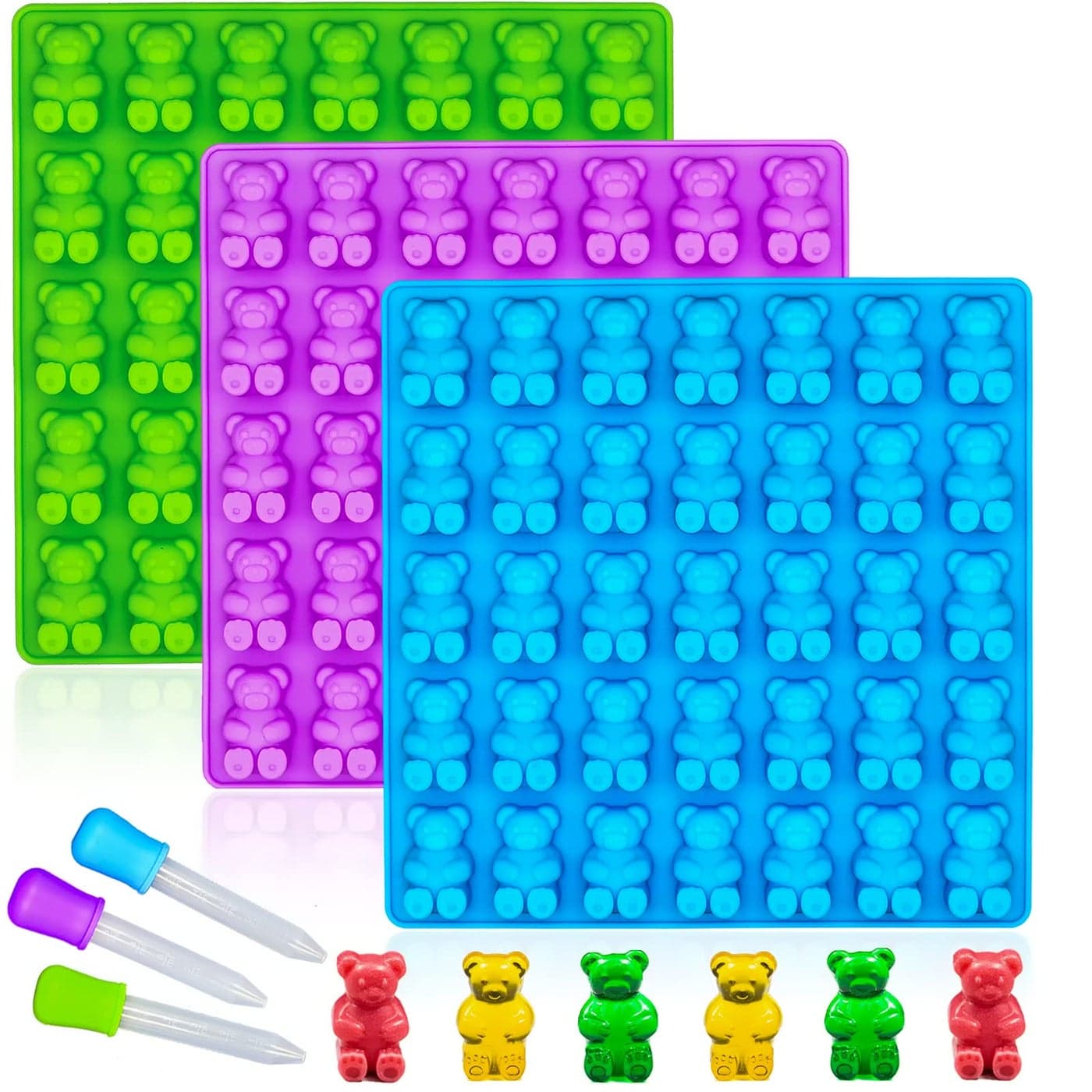 Large Gummy Bear Mold Candy Molds NonStick Silicone Gummy Chocolate Molds BPA Free with 3 Droppers Set of 3
