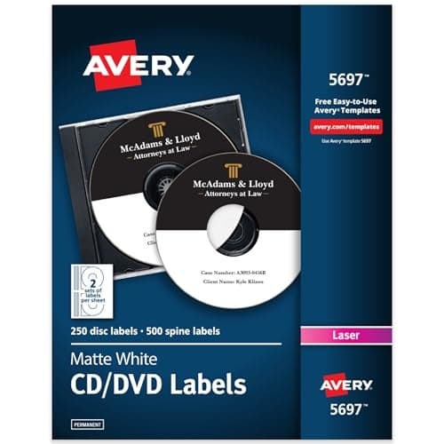Avery Printable CD Labels, Matte White, Permanent Adhesive, Laser Printer Compatible, 250 Disc & 500 Spine Labels, Ideal for DVDs, PC Discs, Media Projects & More (5697)
