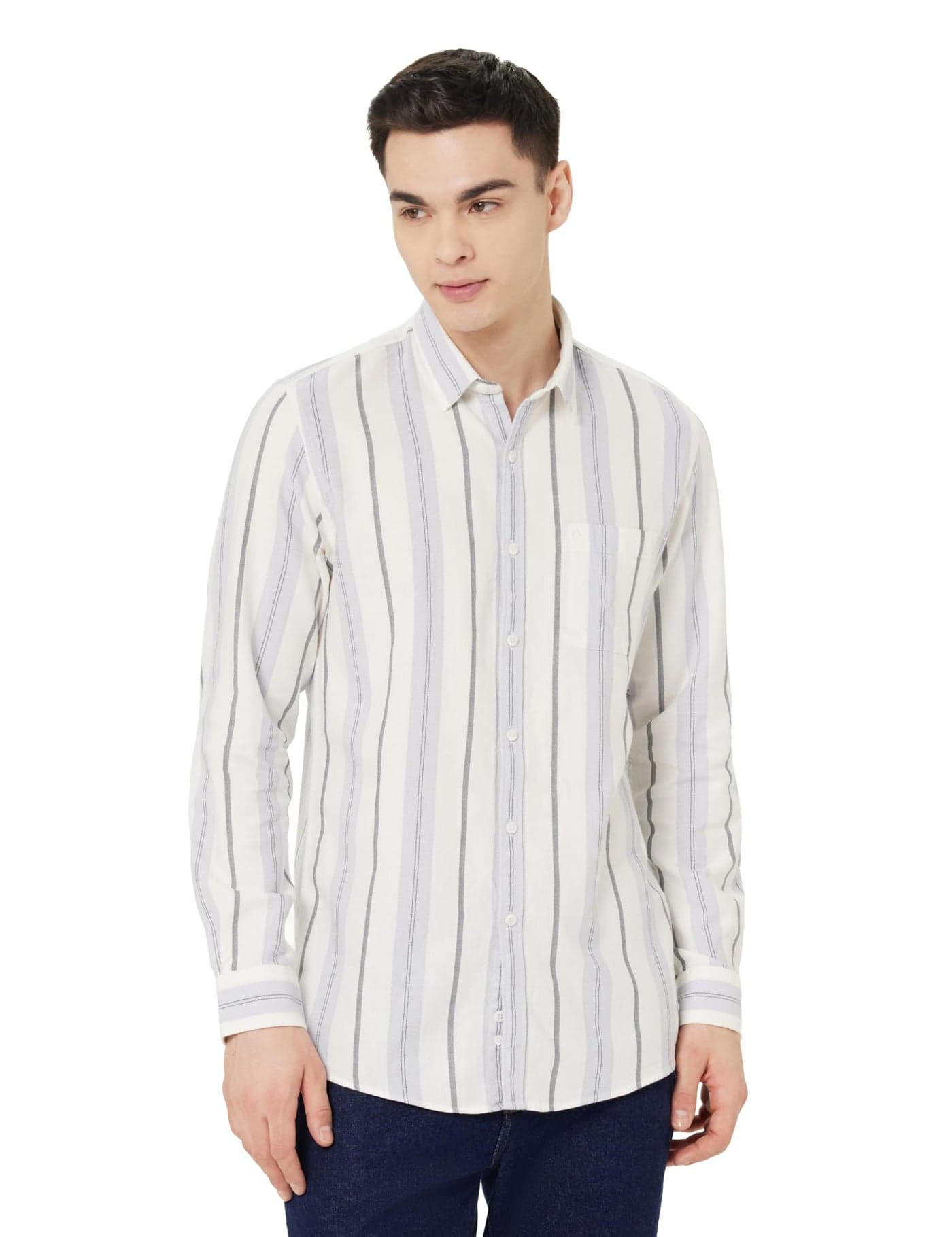 Peter England Cotton Linen Blend Shirt for Men – Full Sleeves, Subtle Stripes White