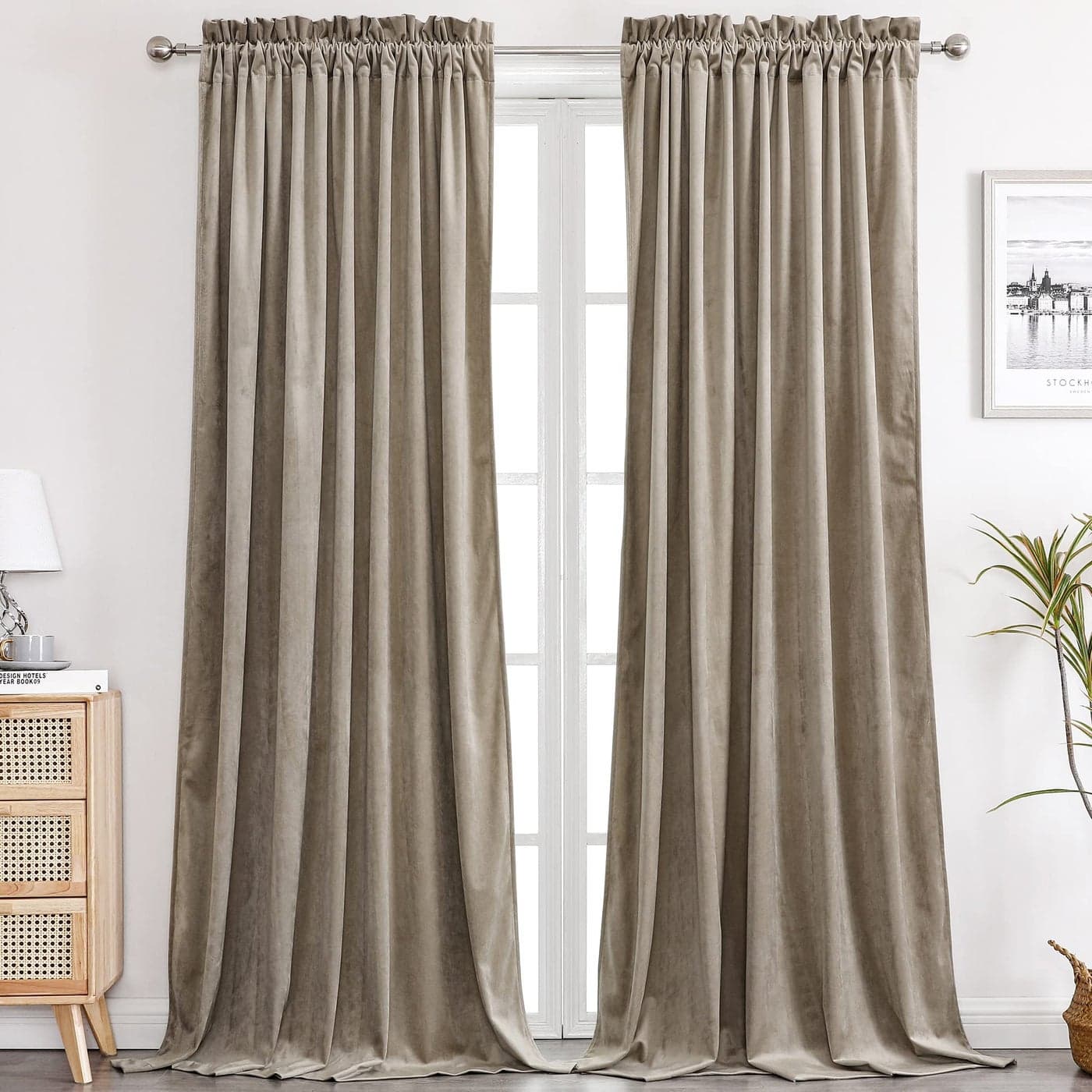 Benedeco Taupe Velvet Curtains for Bedroom Window Super Soft Luxury Drapes Room Darkening Thermal Insulated Rod Pocket Curtain for Living Room W52 by L108 inches 2 Panels