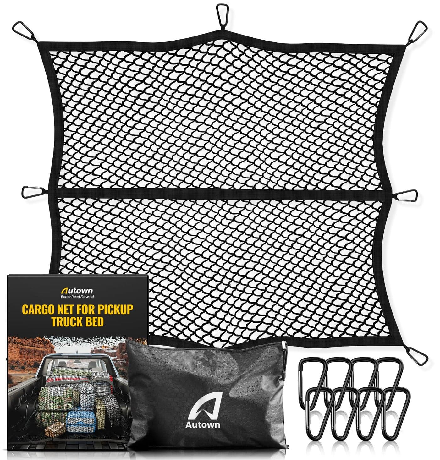 AUTOWN Cargo Net for Pickup Truck Bed - Stretchable 4'x4' to 7'x7', High Elastic Fine Mesh 1''x1'' with 8 Metal Carabiners - Ideal for ATV, SUV, UTV, Truck and Boat Use (Single Layer)