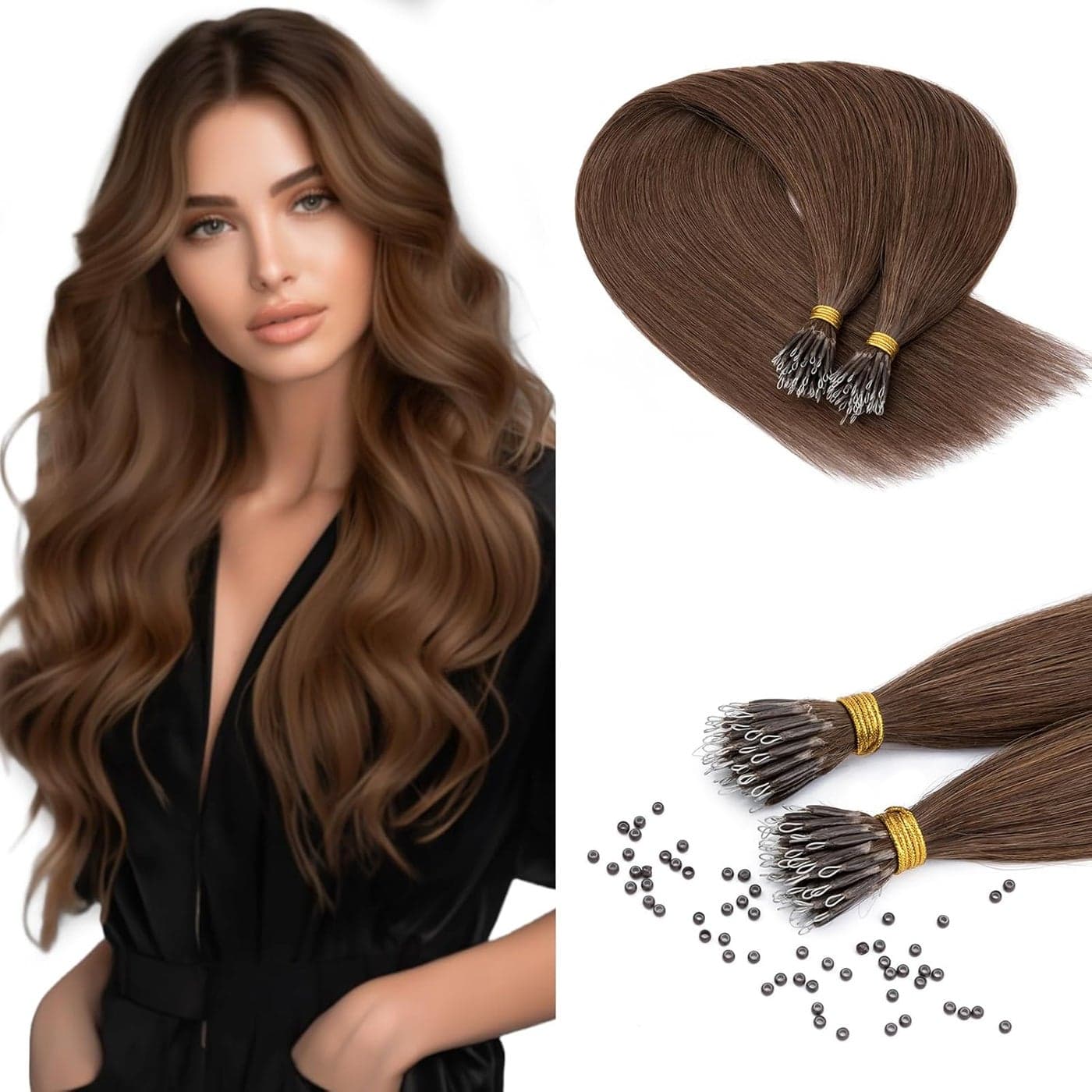 Benehair Nano Tip Hair Extensions Real Human Hair Invisible 4 Medium Brown Nano Beads Ring Extensions Straight Soft 50 Strands