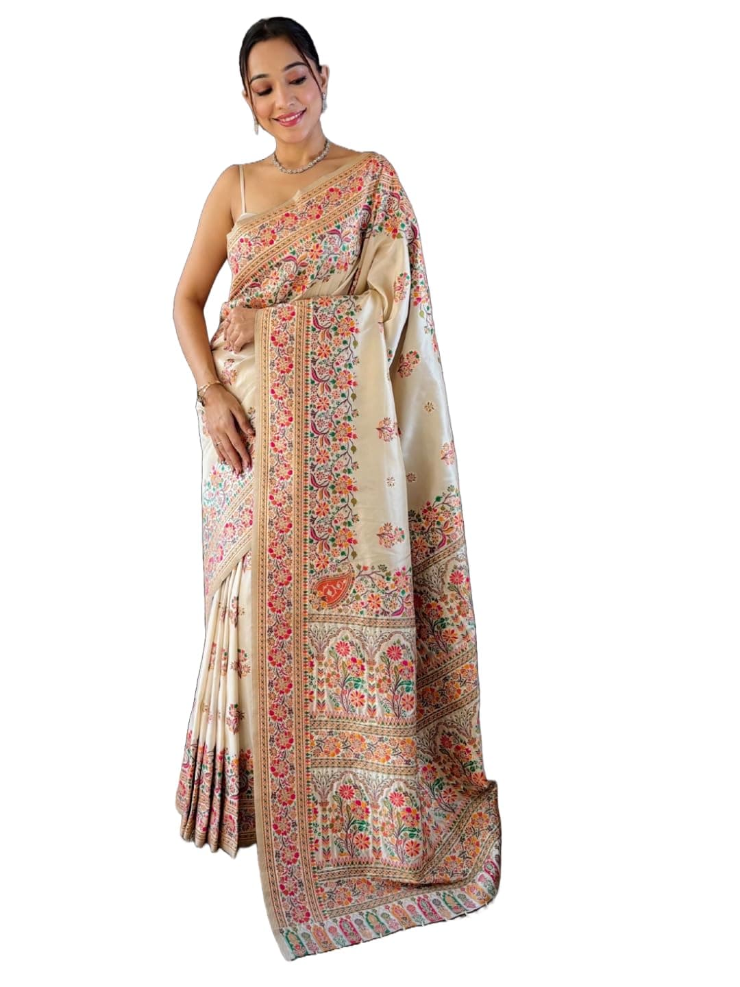 Panzora Women's White Pashmina Silk Weaving Saree With Unstitched Blouse Piece