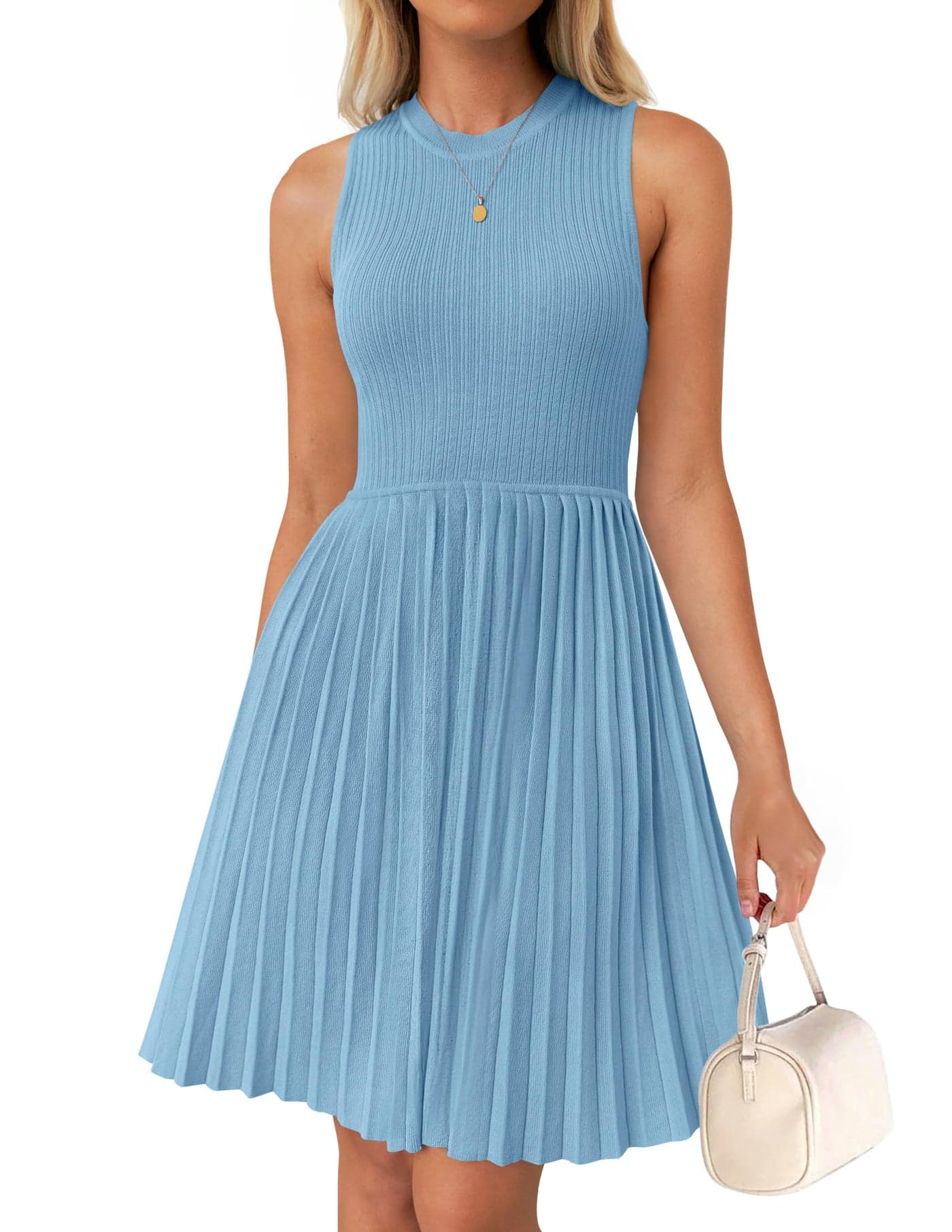 ZESICA Womens Summer Sleeveless Mini Dress 2025 Crewneck Knit A Line Pleated Swing Casual Basic Short DressSkyLarge
