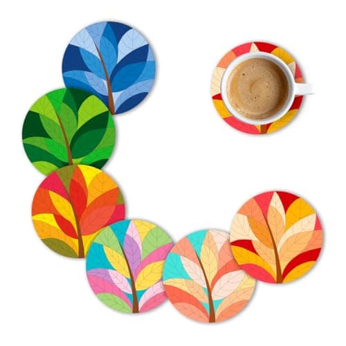 Brizberry® Brizcoast Premium Designer Round Leaf Printed Beautiful Wooden Coasters Fit for Tea Cups, Coffee Mugs and Glasses 12 8 (3.5X3.5 Inch) Design 5 (Set of 6)