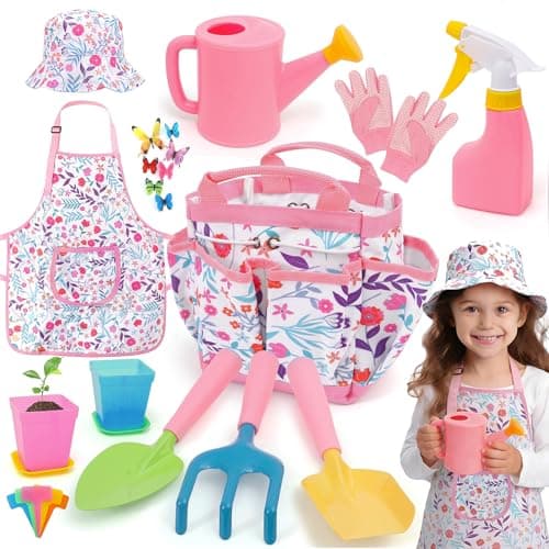 FUNCREVITY Kids Gardening Tool Set Kids Gardening Tools Shovel Rake Fork Trowel Apron Gloves Watering Can and Tote Bag Toddler Gardening Tools for Kids Best Outdoor Toys Gift for Boys and Girls