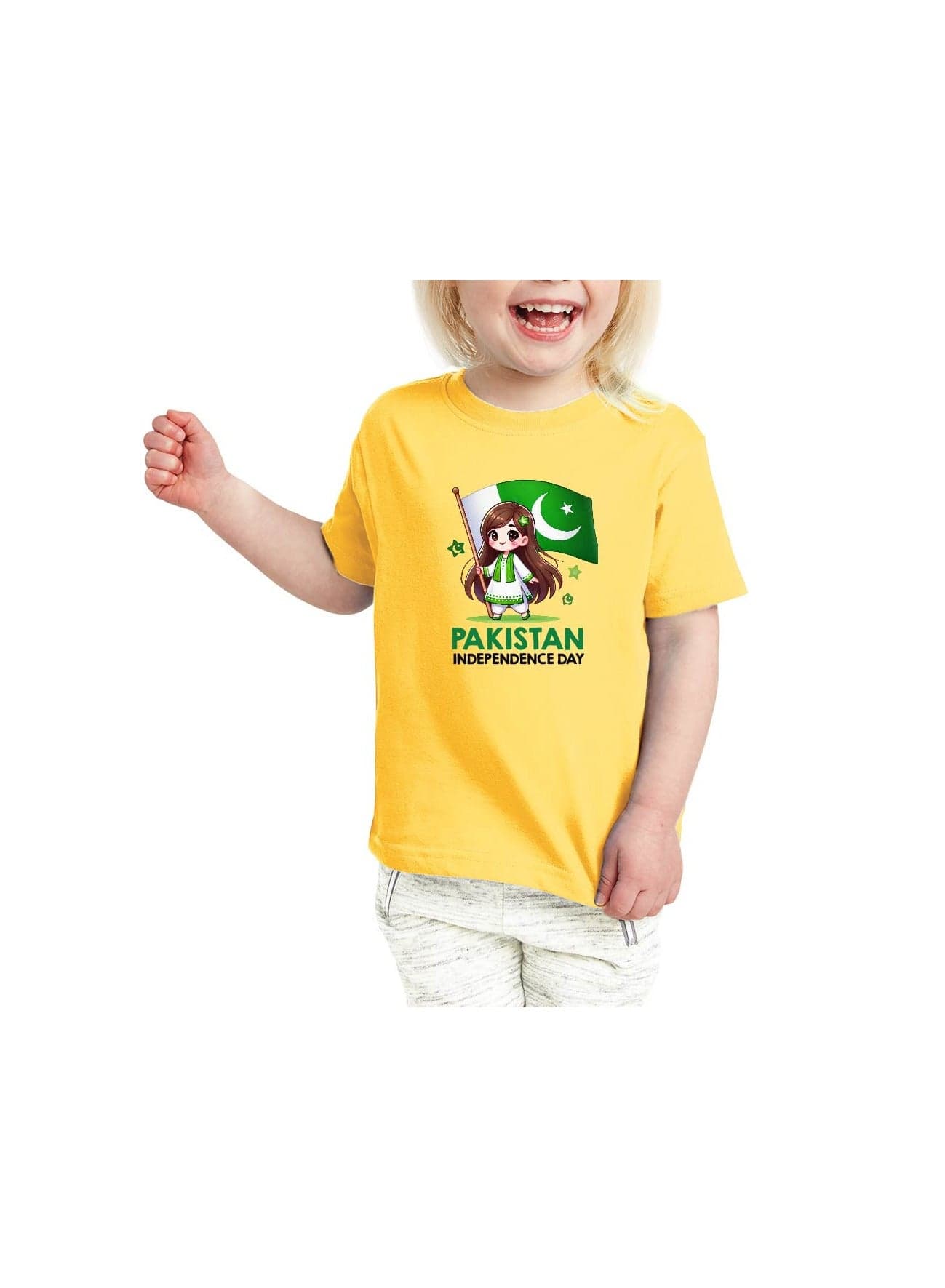 Pakistan Independence Day Kids Girls T-Shirt – Short Sleeve RoundNeck Cotton Tshirt-Ideal for Independence Day Celebrations, School Events