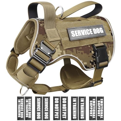 WINSEE Tactical Dog Harness for Medium Dog, Heavy Duty Service Working MOLLE Vest with 10 Pet Patches, 2X Metal Buckle Vest for Training Hunting Walking