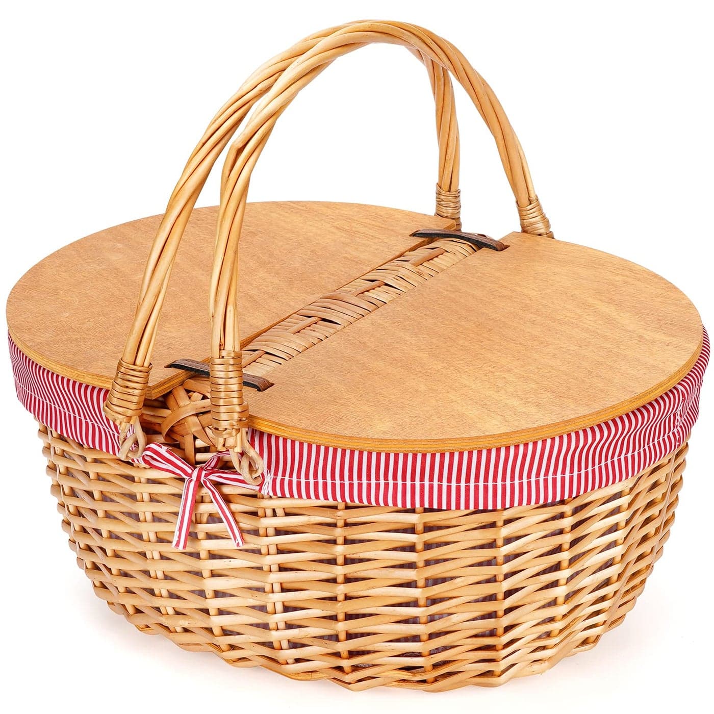 Wicker Picnic Basket with Liner Wooden Split Lid Picnic Basket VintageStyle Wicker Picnic Hamper with Folding Woven Handle for Picnic Camping Outdoor Valentine Day Thanks Giving Birthday Red