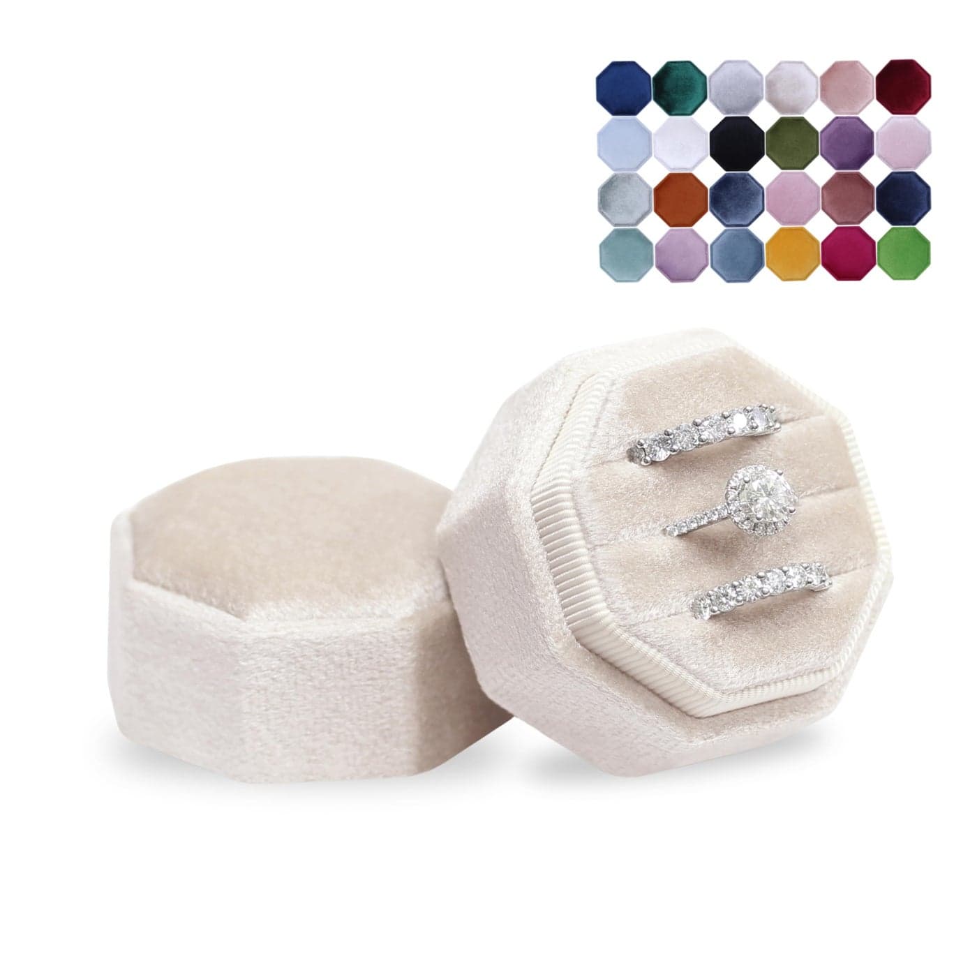 BLUTETE Velvet 3 Slots Jewelry Ring Box Engagement Wedding Box Keepsake Box Bridal Photo Ring Triple Slots Octagon Champagne