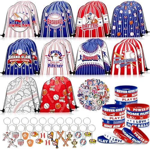 Grneric 110 Pcs Baseball Party Favors Drawstring Bags Baseball Goodie Bags with Keychains Silicone Bracelets Stickers Gift Bags for Baseball Themed Birthday Party Favors Supplies