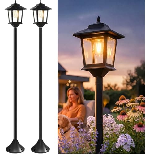 PASAMIC Outdoor Solar Post Lights, 2-Pack 63" Dusk to Dawn Solar Lamp Posts, Waterproof Floor Lamps, Warm White Pole Lights for Patio with Replaceable Bulb