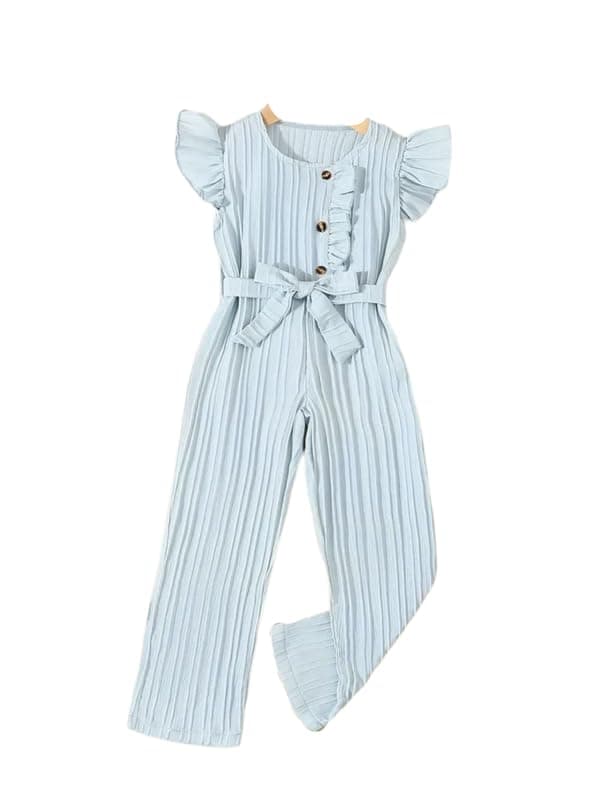 Niren Enterprise Stylish Girls' Pleated Jumpsuit with Ruffle Sleeves, Button-Down Front, and Waist Belt - Comfortable Casual Outfit for Kids (Sky Sugarcane, 9-10Y)