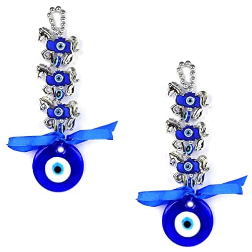 Reiki Crystal Products Combo Pack of 2 Triple Horse Evil Eye Nazar Hanging | Lucky Protection Charm for Door, Wall & Car Rear View Mirror | Good Luck Feng Shui Vastu Spiritual Hanging