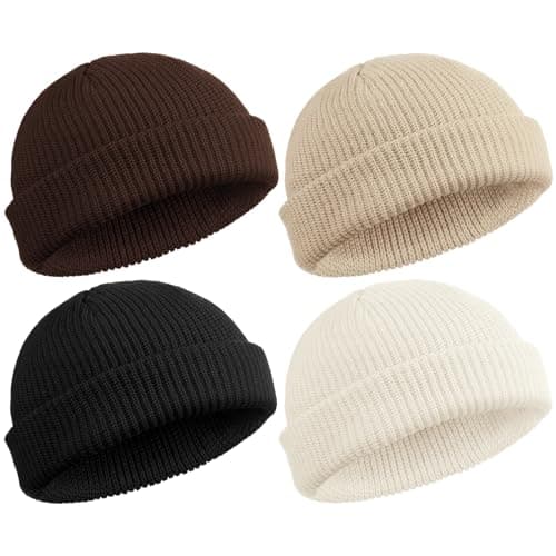 SATINIOR 4 Pieces Trawler Beanie Watch Hat Roll up Edge Skullcap Fisherman Beanie Unisex (Black, White, Coffee, Beige)