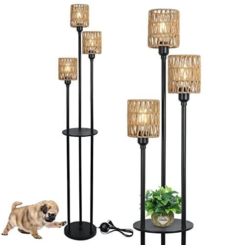 Stepeak Boho Floor Lamp with Shelves, 3-Lights Farmhouse Tall Floor Lamp with ON/Off Foot Switch, Rustic Standing Lamp with Rattan Shades for Living Room Bedroom Office