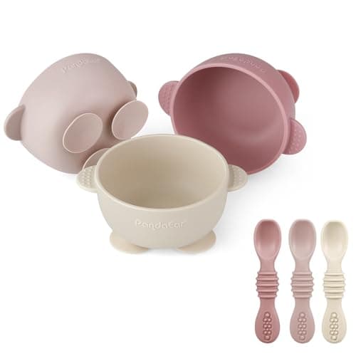 PandaEar 3 Pack Silicone Suction Baby Bowls 3 Baby Feeding Spoons NonSlip Stay Put Bowls Soft Silicone First Stage Spoons for Toddlers BPAFree Baby Led Weaning Set Pink Rose Linen