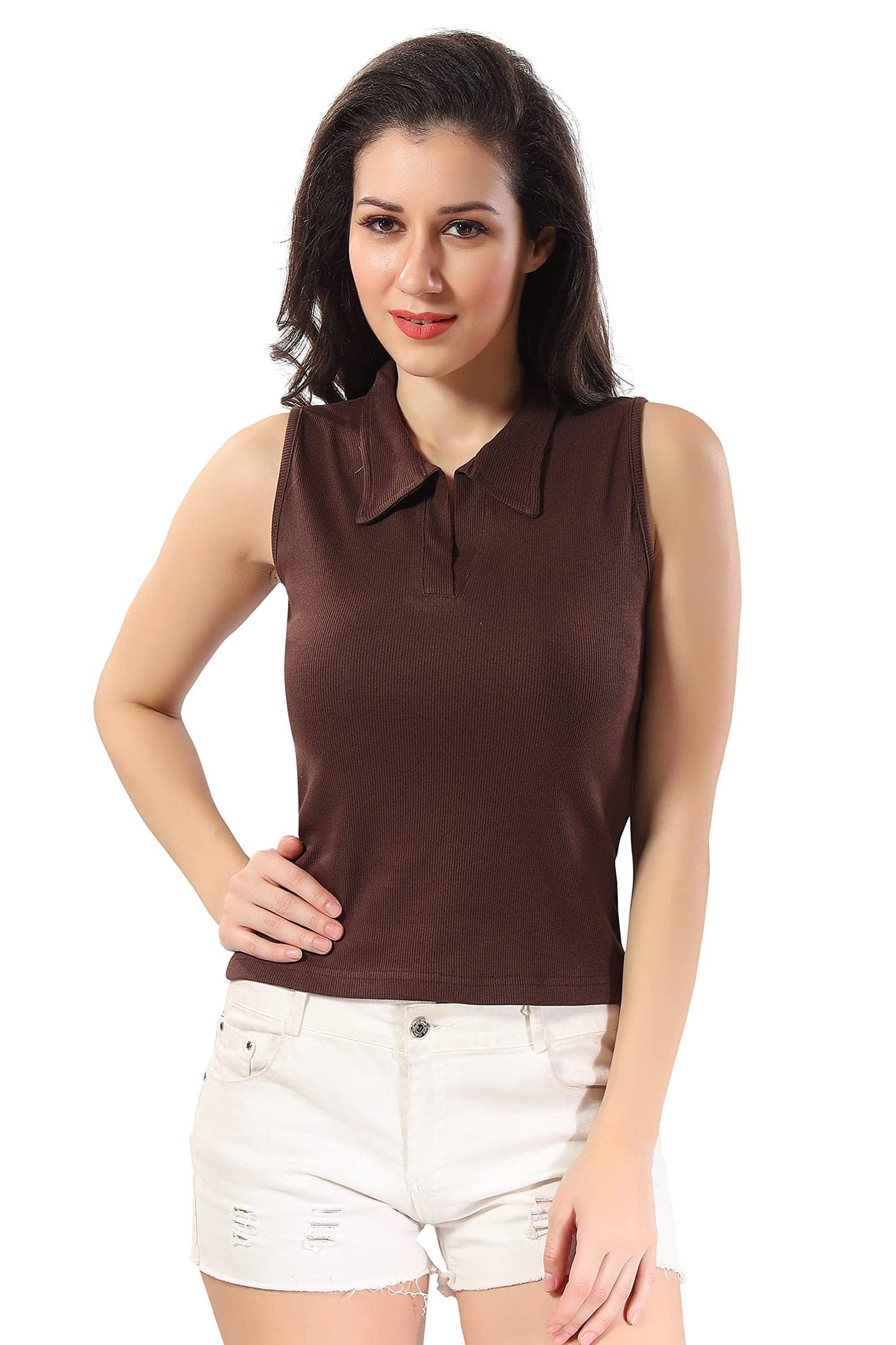 TRASA Womenâ's Sleeveless Rib Knitted 100 Percent Cotton Slim Fit Racer Back Tank Tops Collared Neck Crop Tank Tops - Brown - 2XL