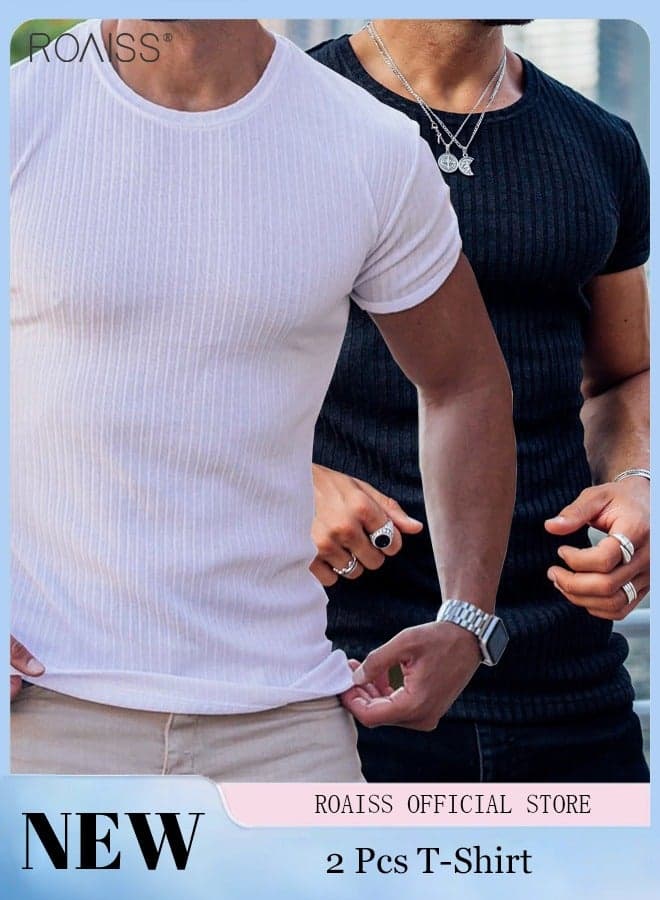 2-Piece Men's T-Shirt Elastic Vertical Short Sleeve Round Neck Top Sports And Casual Versatile Short Sleeved Top