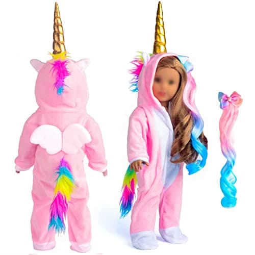 sweet dolly 18 Inch Doll Clothes Unicorn Onesie Pajamas Rainbow Color Hair Bow Clips Costume Fits 18 Inch Doll Doll Not Included