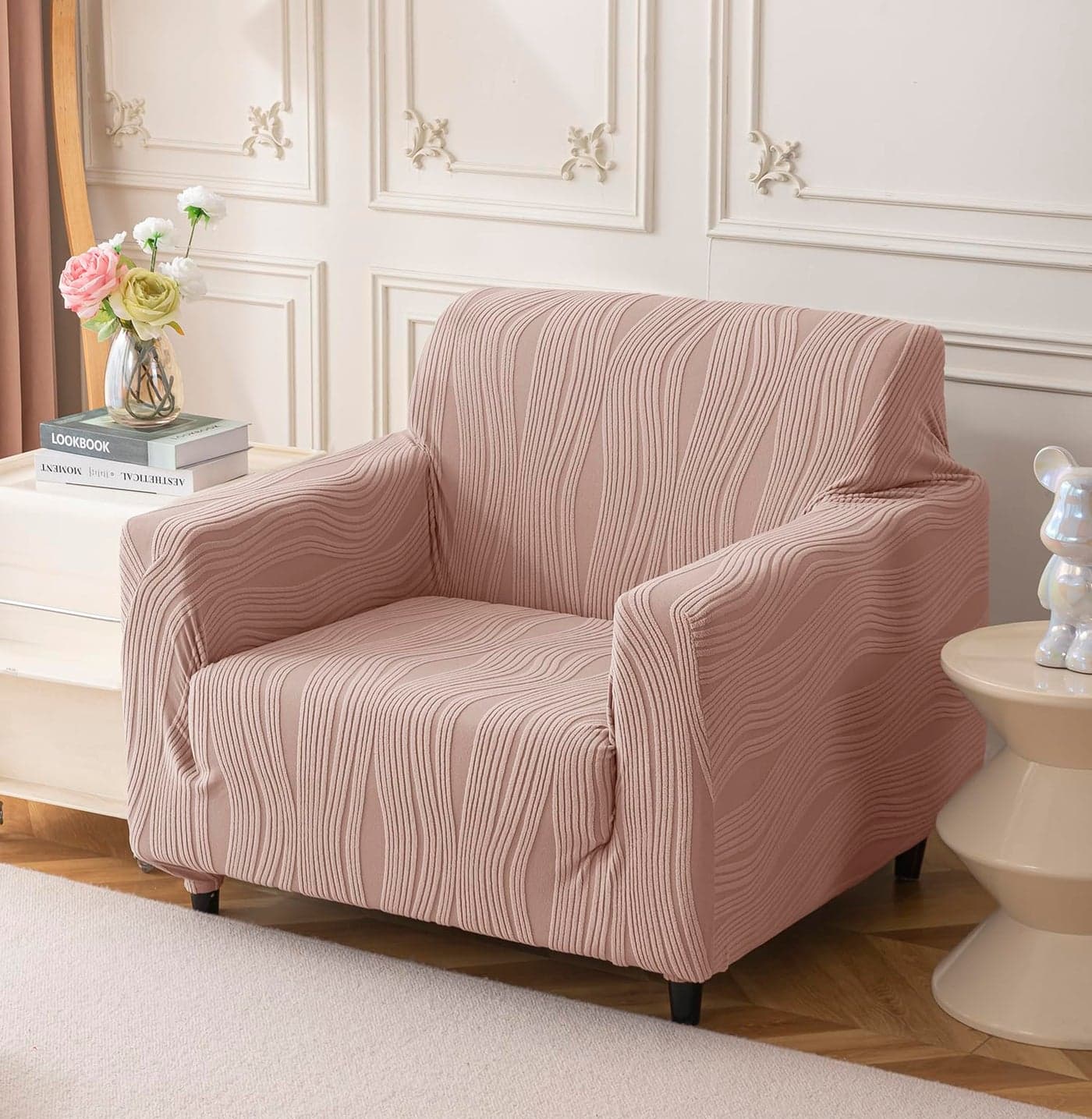 House of Quirk Universal Jacquard Waterproof Crizzle Pattern Fabric Sofa Cover Soft Touching Cover for Couch Flexible Stretch Sofa Slipcover (One Seater, Pink)