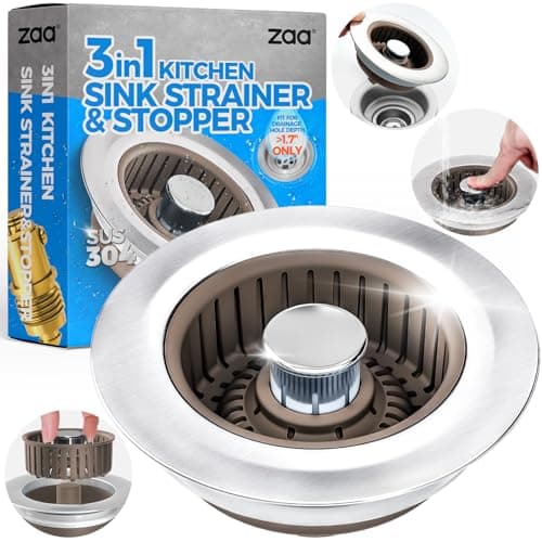 Upgraded 3in1 Kitchen Sink Drain Strainer Sink Stopper Stainless Steel Kitchen Drain Plug Cover with AntiClogging Basket Strainer Fit US Standard 312 Sink Drain Hole Brown