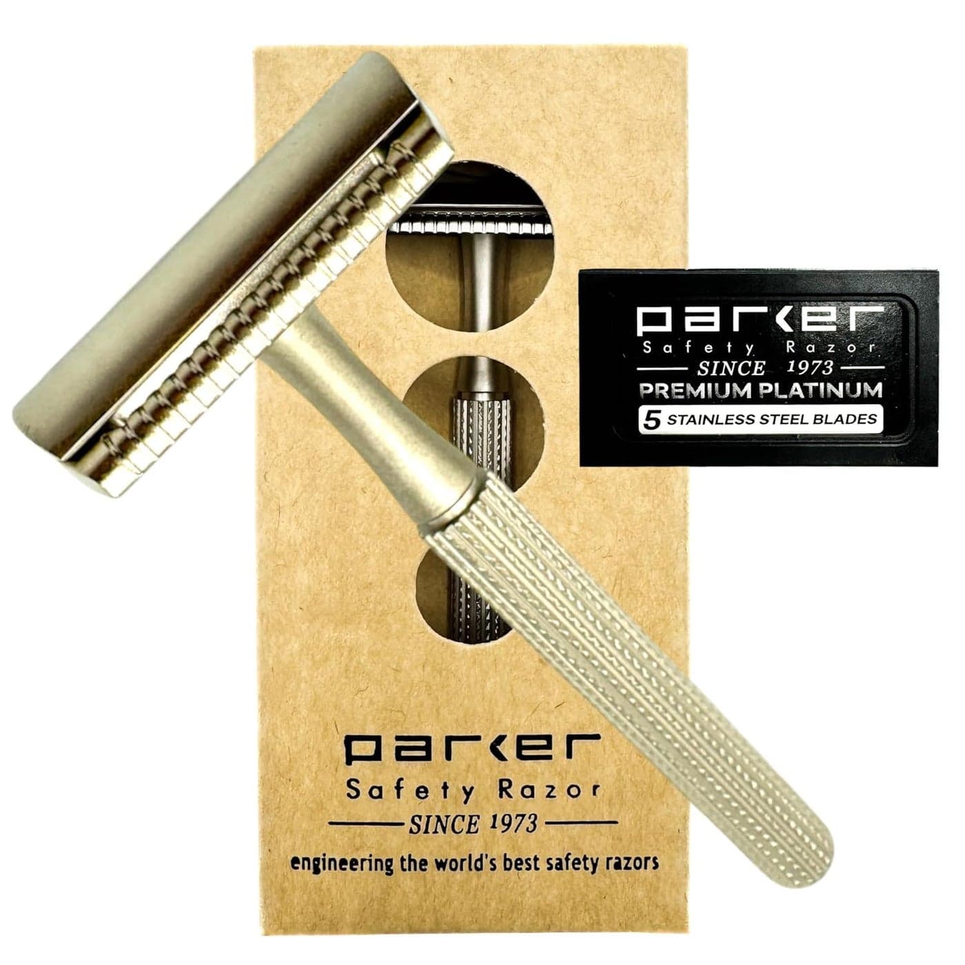 Parker 78R Double Edge Safety Razor with 5 Safety Razor Blades Women Mens Safety Shaving Razor Reusable Razor Plastic Free Satin Chrome
