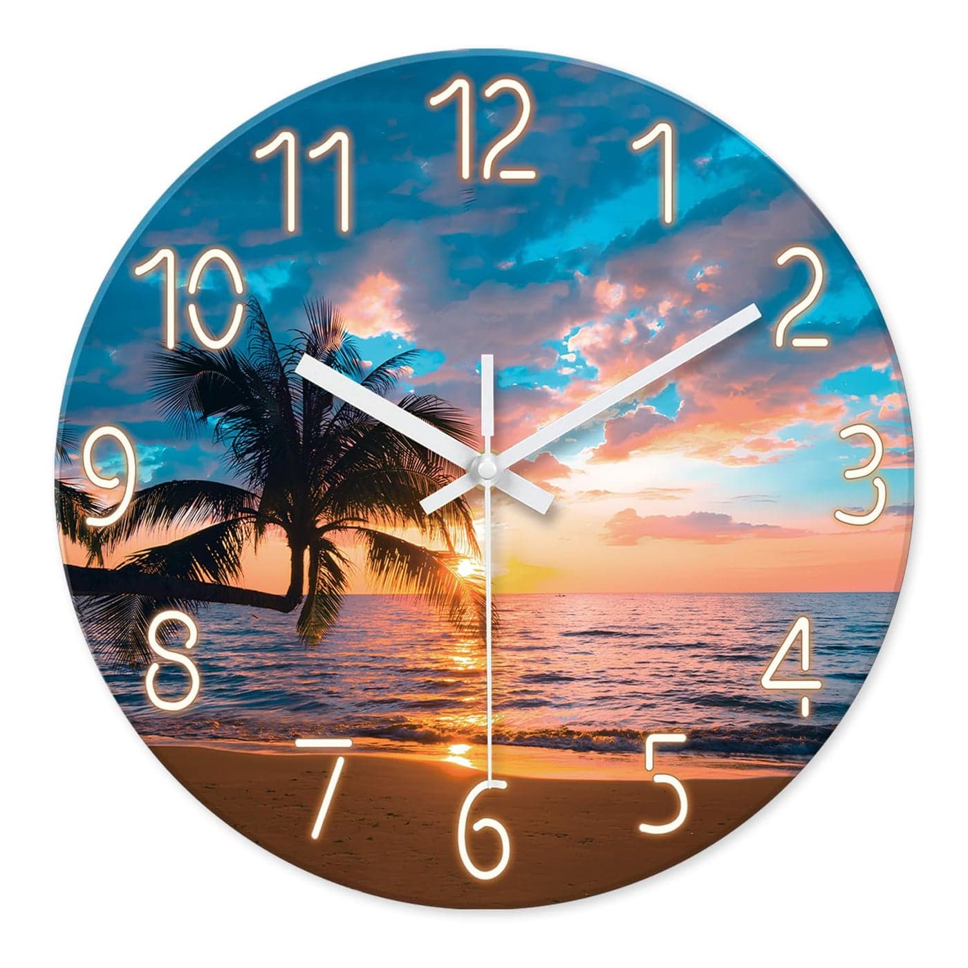 XFM Blue Nautical Beach Wall Clocks Battery Operated Palm Tree Wall Clocks for Living Room 12 Inch Round Glass Silent Wall Clock Non Ticking Sunset Clock