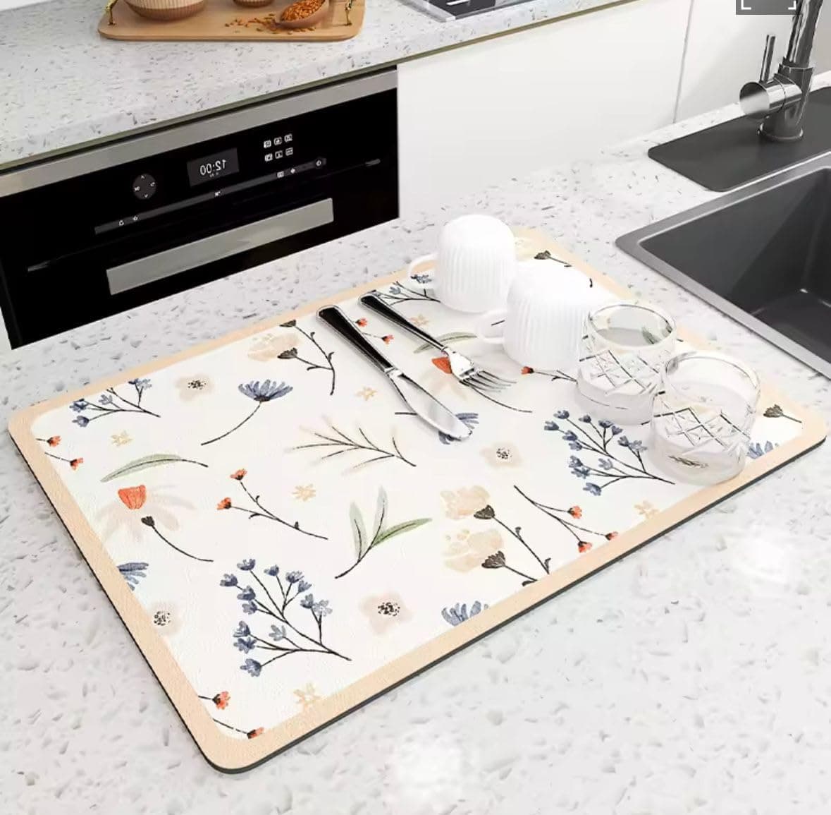 HomeCloud Dish Drying Mat for Kitchen Counter – Super Absorbent, Non-Slip & Heat-Resistant – Quick Dry Rack Pad for Dishes, Utensils, Coffee Maker – Stain-Hiding Design (Camellia_Beige, 40x50cm)