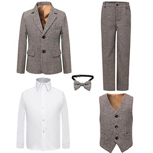 Boy's 5 Pieces Tuxedos Toddler Formal Suits Set Kids Slim Fit Suit for Weddings Size 4 Linen