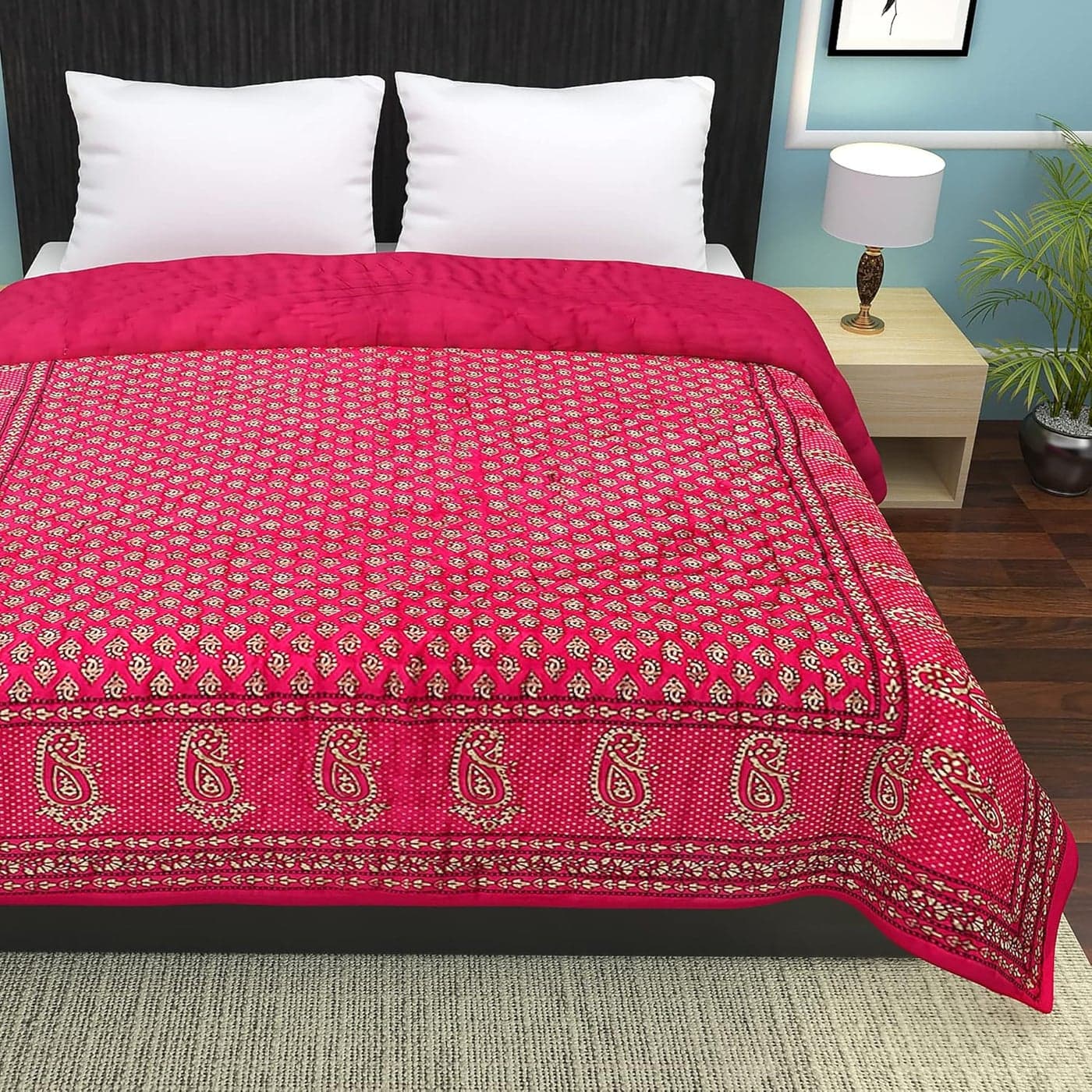 MITUL Jaipuri Razai Organic Pure Cotton Sanganeri Print Ac Quilt for All Season Soft Light Weight Rajasthani Cotton Quilt Single Bed Pink