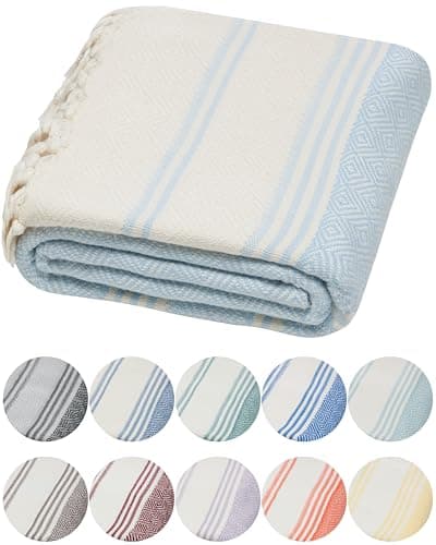 DEMMEX Organic Turkish Cotton Ultra Soft Bath and Beach Towel - Luxury Oversized Peshtemal for Bathroom and Beach - Lightweight Quick-Drying Beach Towel - Prewashed, Diamond Weave, 71x36'' (Sky Blue)