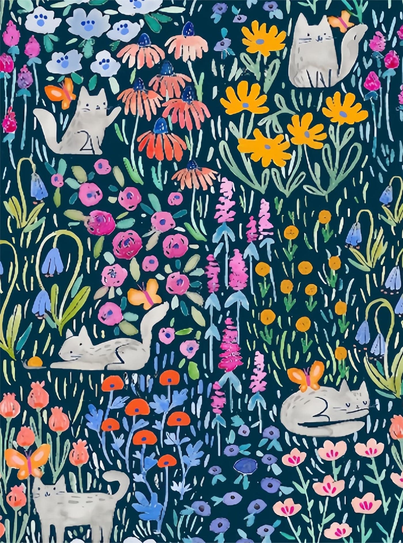 Colorful Pink Red Yellow Cute Cat Garden Flowers Peel and Stick Wallpaper Contact Paper Vintage Vinyl Stick on Wall Paper for Bedroom Bathroom Kitchen Cabinet Renter Friendly