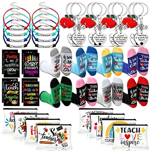 Chunful 40 Pcs Teacher Appreciation Gifts Bulk Includes 8 Funny Teacher Socks 8 Makeup Cosmetic Bag Novelty Keychains Notebooks and Bracelets for Graduation Christmas Thanksgiving