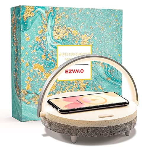 EZVALO Gifts for Women, 4-in-1 Portable Bluetooth Speaker, Bedside Lamp with Wireless Charger, Dimmable Night Light and Phone Holder, Christmas and Birthday Gifts for Teens, Families and Friends