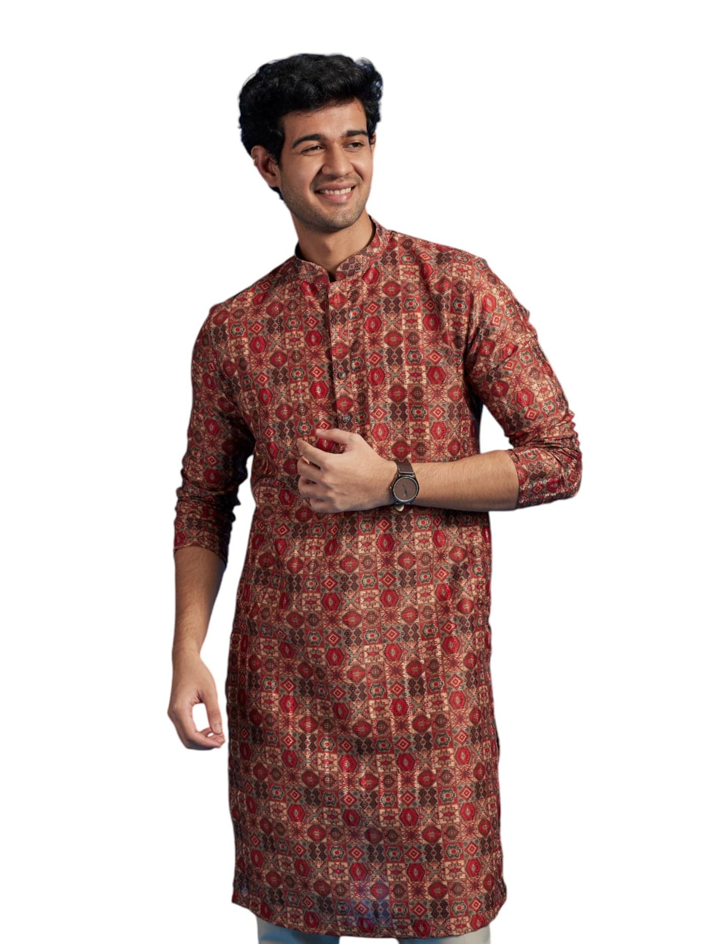 DIWAS BY MANYAVAR Men's Art Silk Printed Kurta (Rust,M)
