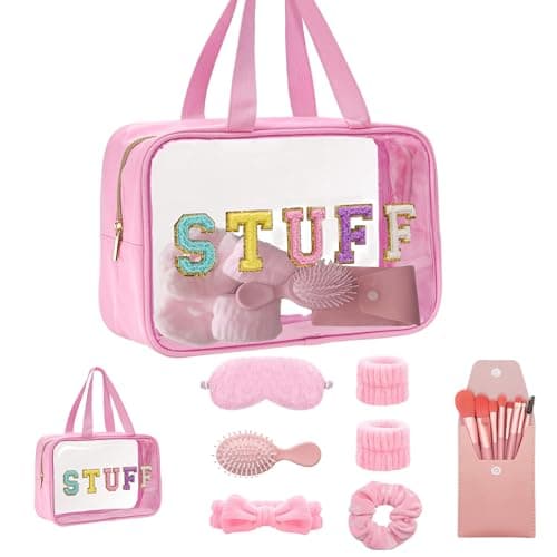 Gift Sets for Women Initial Makeup Bag with Makeup Brush Set Bachelorette Party Favors Pink Spa Kit with Skincare Headbands Wrist Bands Sleepover Party Supplies Gifts for Teen Girls Bridesmaid
