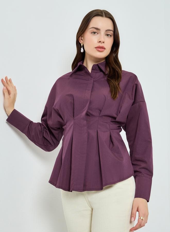 Women Purple Long Sleeve Fold Pleated Shirt